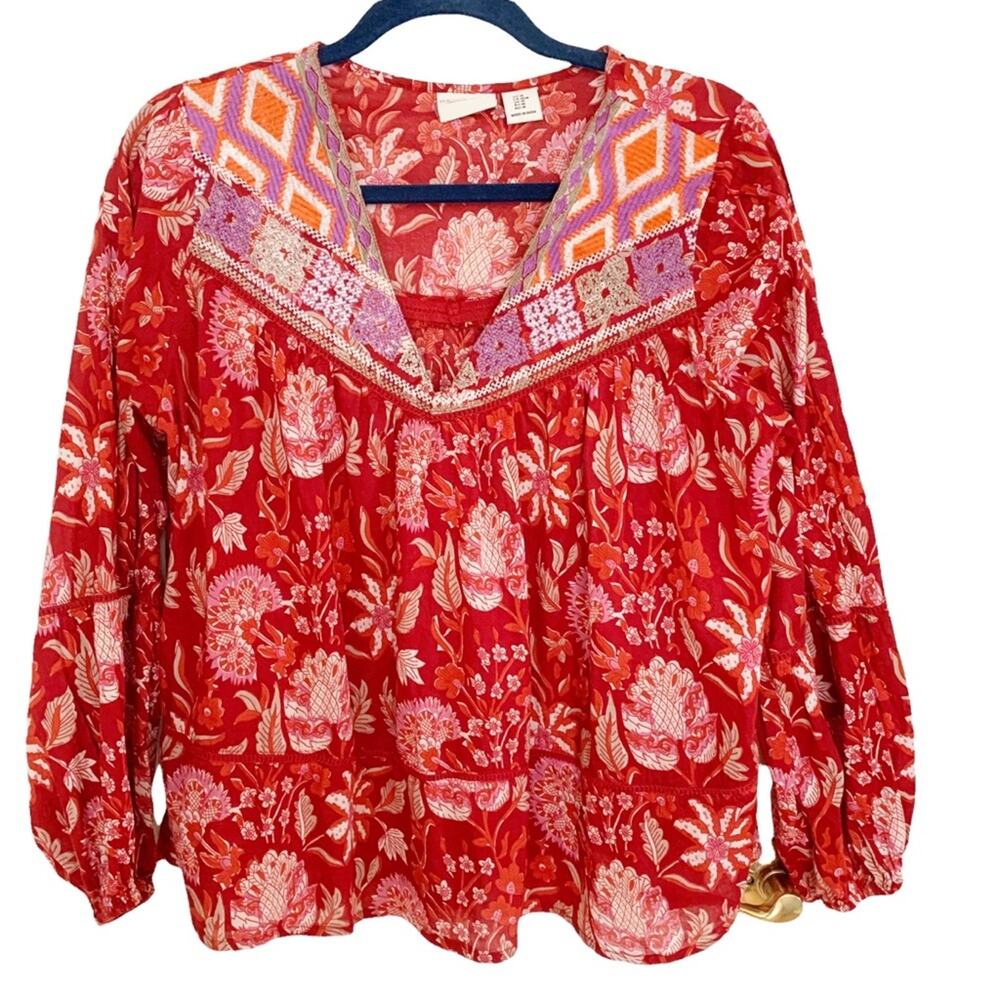 Rachel Zoe Red Floral Boho Peasant Top NWOT